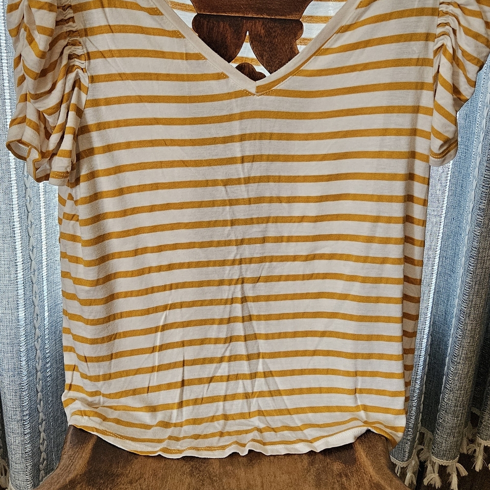 Green Envelope Yellow and White Striped Short Sleeve Top